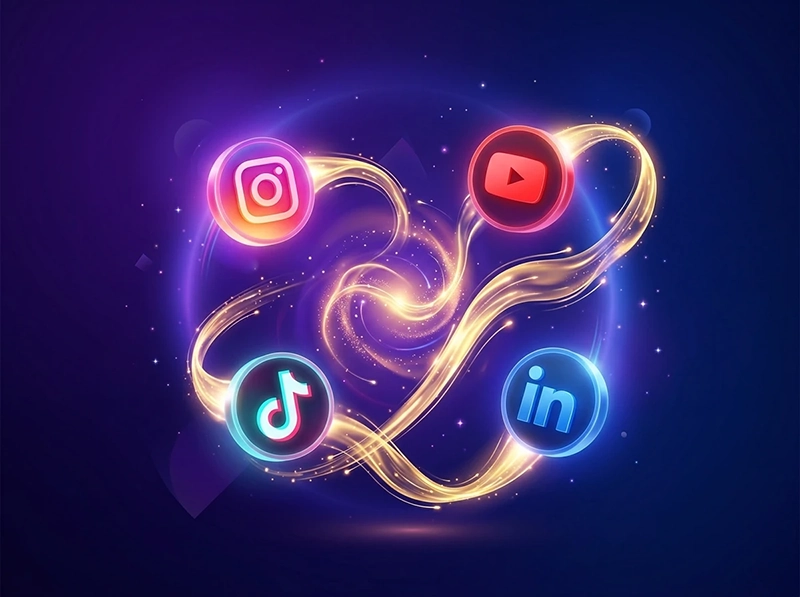 A modern gradient illustration of social media dominance using AI marketing automation.