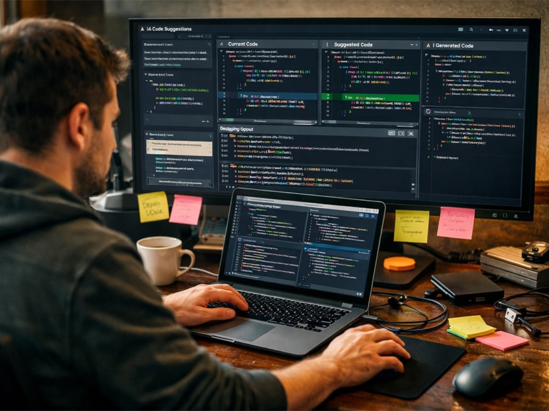 Developer testing AI coding tools on multiple screens in a realistic workspace.