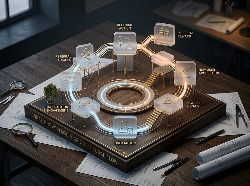 A 3D growth loop infographic showing organic user acquisition mechanics.