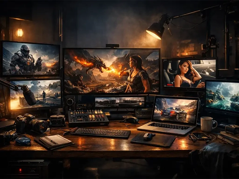 Cinematic workspace showing AI generated videos for YouTube, ads, and marketing across multiple screens in a studio