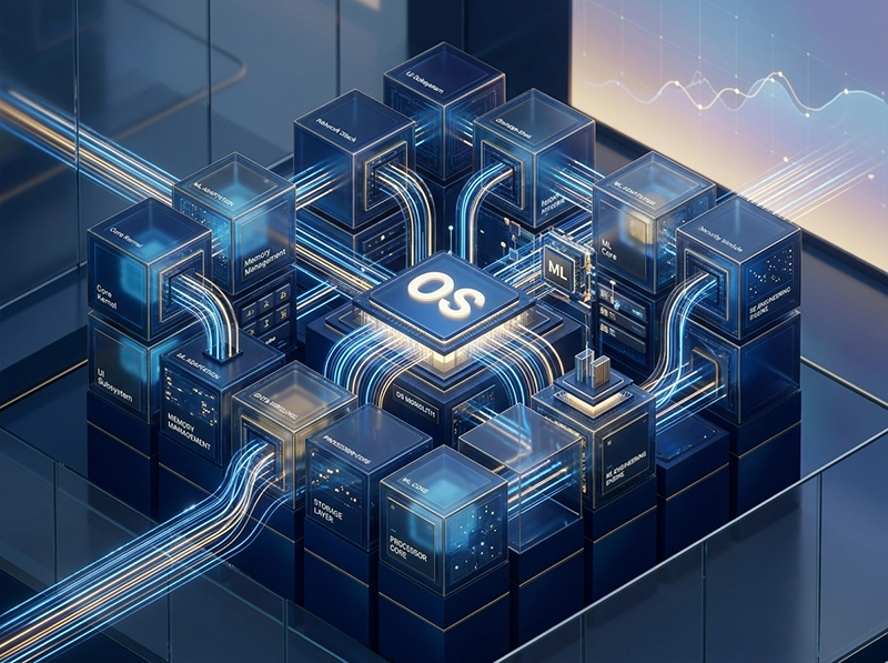3D data visualization of machine learning algorithms in modern backend architecture.