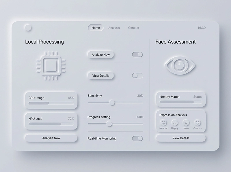 Neumorphic interface design comparing different AI photo culling tool features.