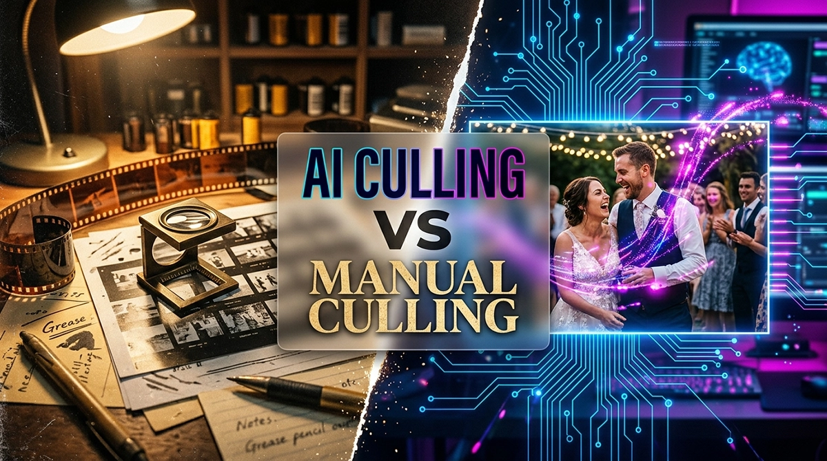 A professional comparison poster of AI culling vs manual culling showing traditional film loupe versus digital AI neural networks.