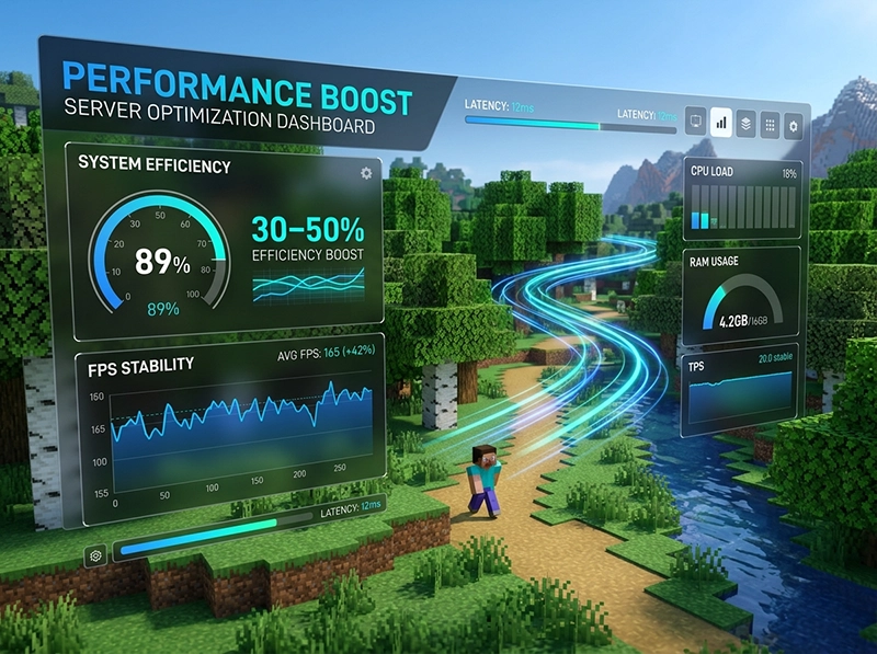 Performance dashboard showing 30-50 percent faster logic execution for AI-enhanced Minecraft gameplay.
