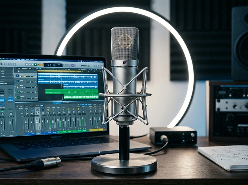 High-tech microphone array and cloud audio workstation handling automated processing pipelines.