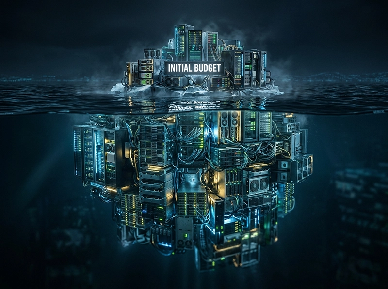 A realistic metaphor of an iceberg showing the hidden costs and infrastructure disadvantages of artificial intelligence.