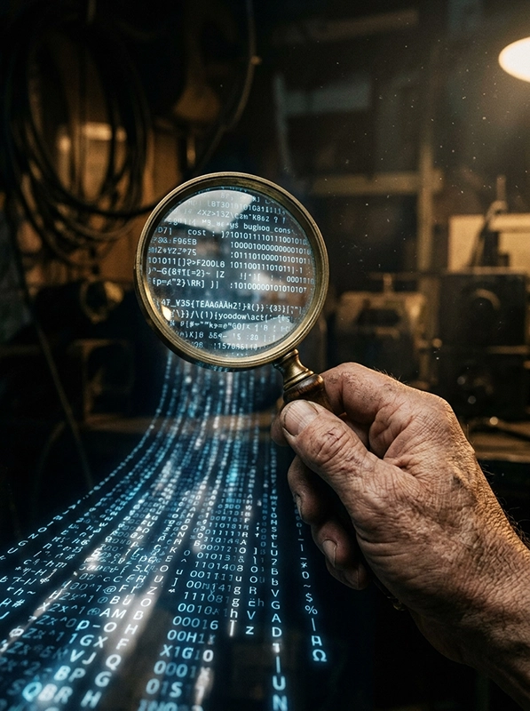 A realistic shot of a human auditing AI-generated code, representing the shift in job roles.
