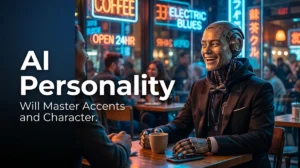 A creative poster showing a vibrant AI personality robot in a cafe representing the future of accents and character in technology.