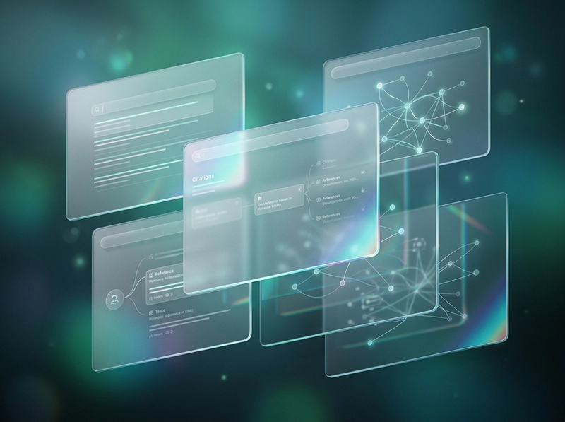 Advanced Glassmorphism UI showing AI tools for research and real-time data synthesis.