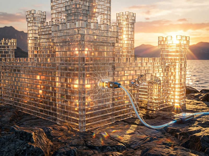 A glass fortress metaphor showing security risks and data privacy concerns in AI integration.