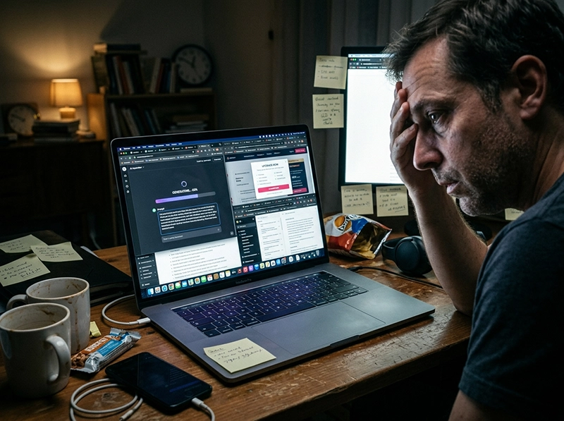 An exhausted professional stuck between 30 open tabs of AI tools late at night, experiencing search fatigue and information overload.
