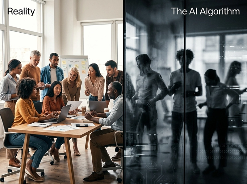 A comparison image showing how algorithmic bias distorts human reality, highlighting ethical concerns.
