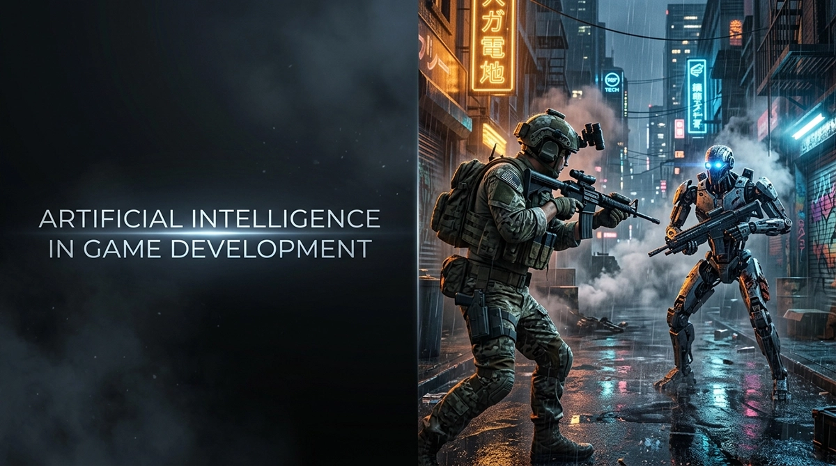 A cinematic gaming banner highlighting artificial intelligence in game development with a third-person soldier facing an android.