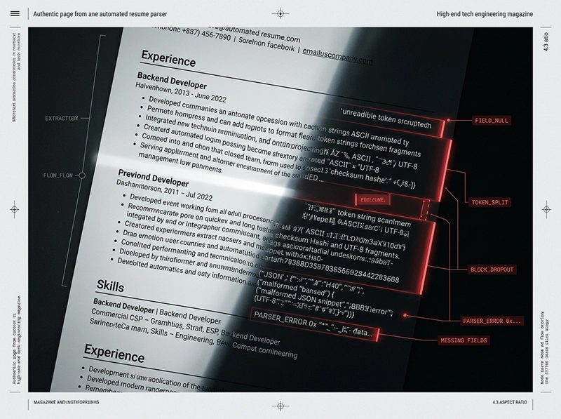 A detailed, technical layout analysis showing a text-based resume layout with parsing errors, system red lines, and unreadable character distortion from an automated scanner.