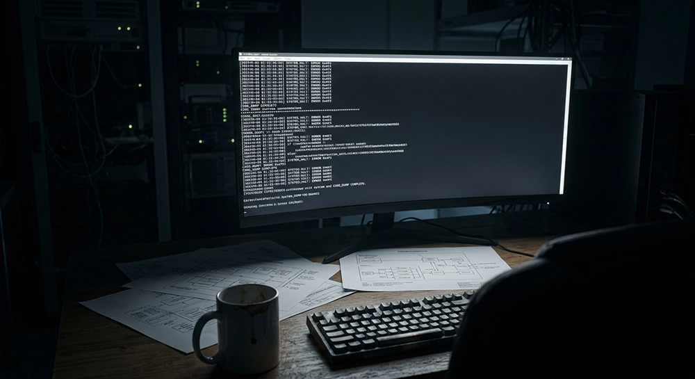 An ultrawide monitor displaying frozen code and empty strings in a dark room, symbolizing an automated conversational boycott.