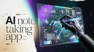 A professional tech banner showcasing an AI note taking app interface with a robotic hand and futuristic typography.
