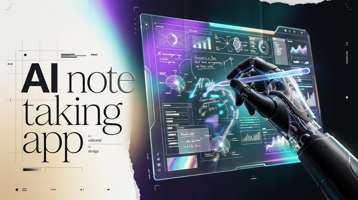 A professional tech banner showcasing an AI note taking app interface with a robotic hand and futuristic typography.