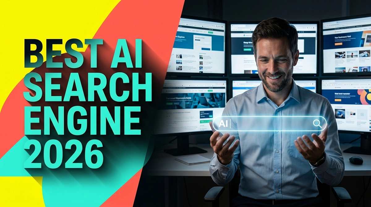 A professional businessman finding the best AI search engine 2026 inside a modern AI tool directory at night to escape tab exhaustion.