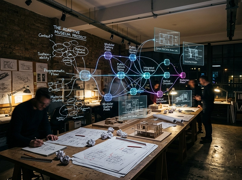 A 3D holographic mind map representing advanced brainstorming methods powered by AI.