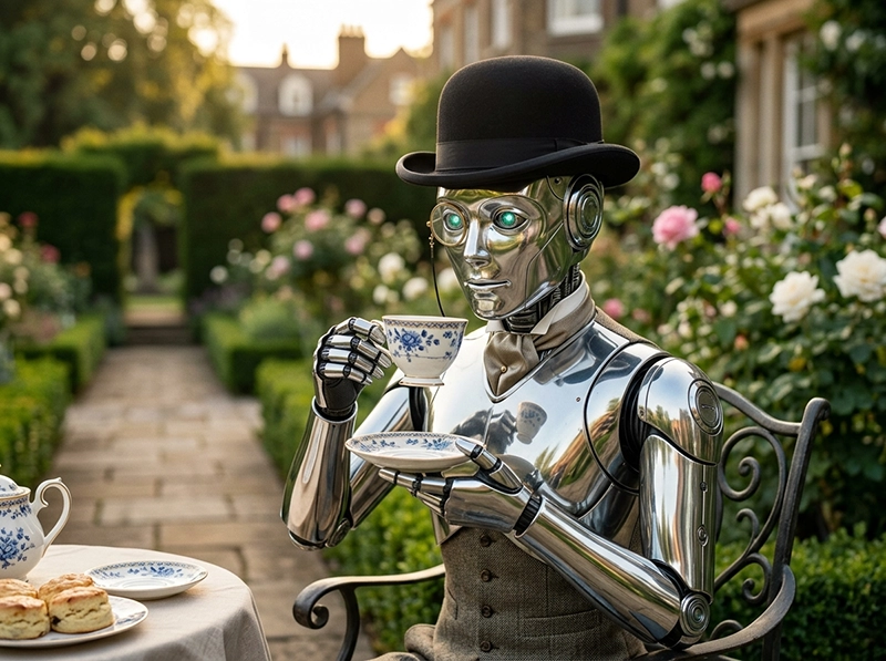 A humorous depiction of a robot with a British accent wearing a bowler hat to represent formal AI personality traits.