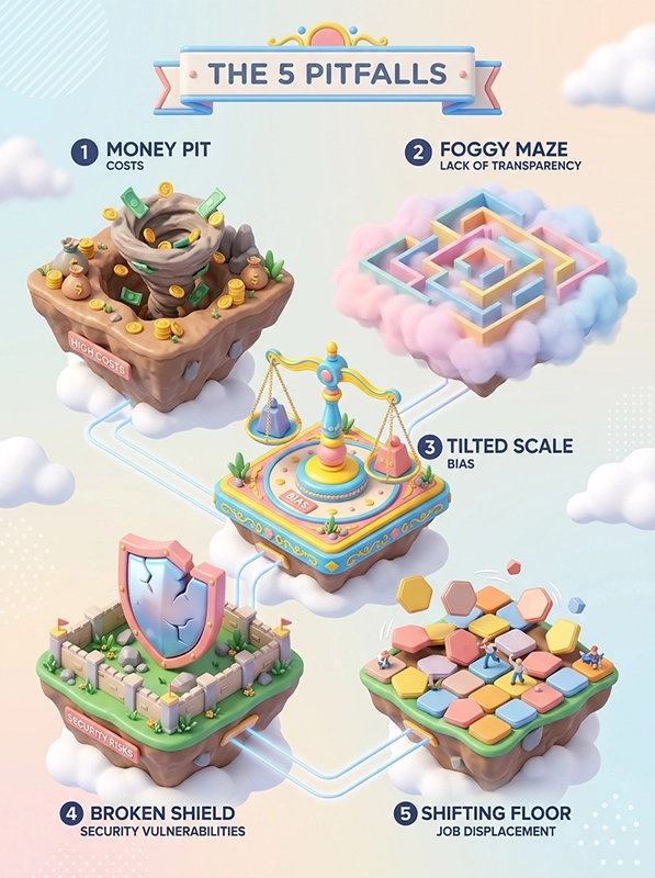 A bright 3D isometric infographic summarizing the 5 main disadvantages of artificial intelligence.
