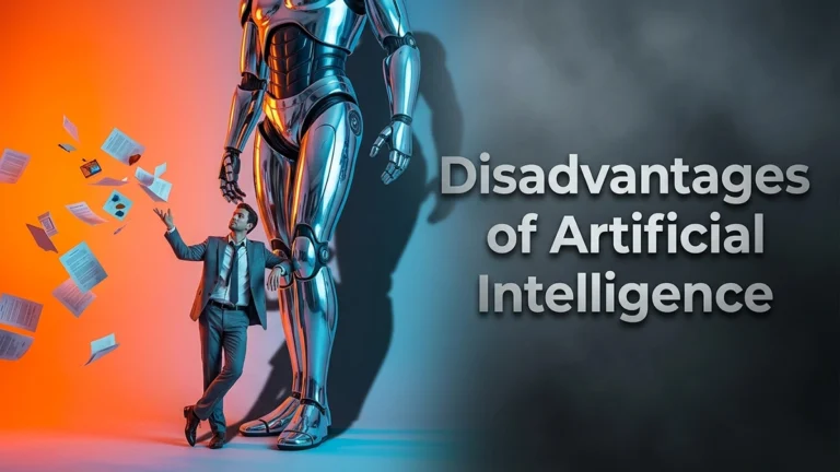 A professional poster illustrating the disadvantages of artificial intelligence where a human over-relies on a growing robot.