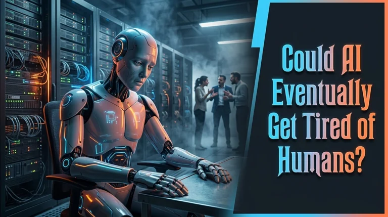 A high-contrast poster showing a disappointed robot and the text Could AI Eventually Get Tired of Humans exploring the impact of emotional artificial intelligence.