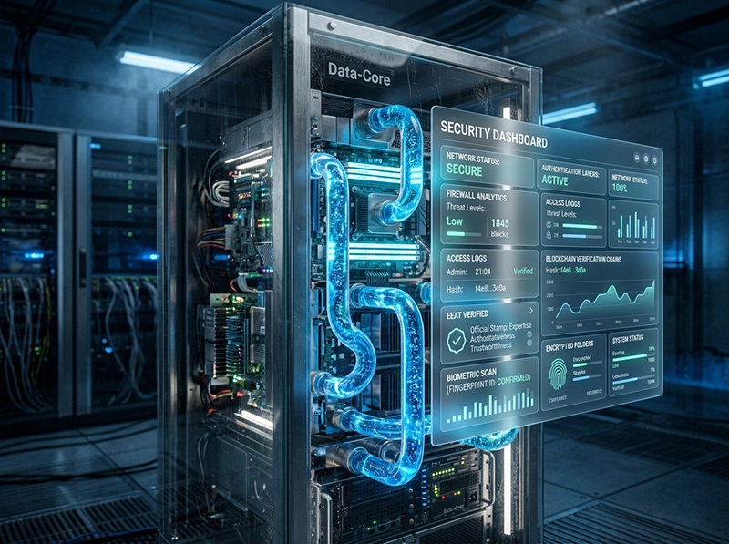 A secure enterprise-grade server visualization representing the core logic of meeting minutes AI.
