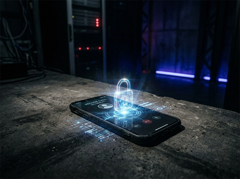 A cinematic security-themed visual showing a secure encrypted network block in a dark room.