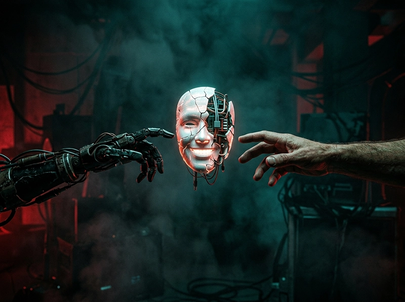A conceptual cinematic photo showing the ethical boundaries and trust gap in human-like AI systems.