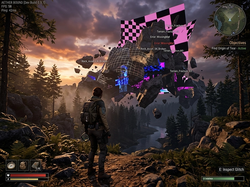 A realistic open-world video game environment displaying a physics glitch during structural technical testing.