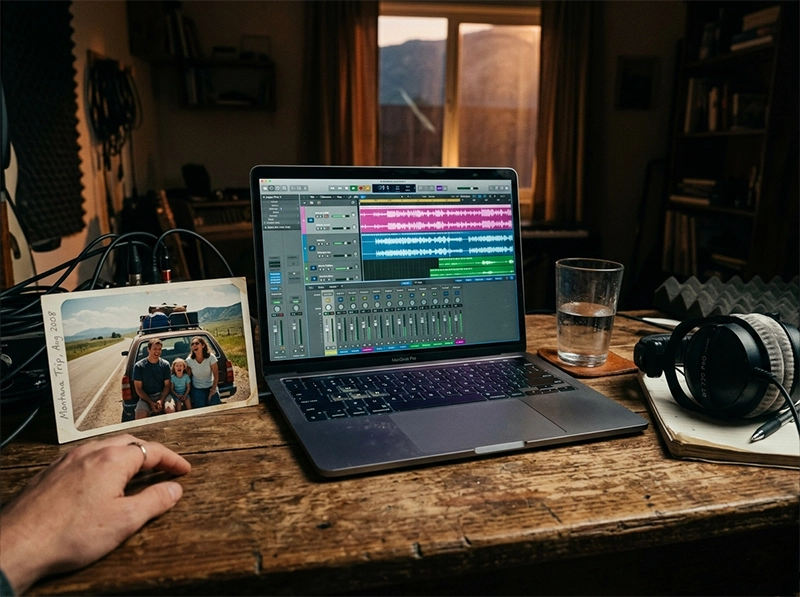 A realistic cinematic shot of a laptop displaying audio wave frequencies next to an old family photo.