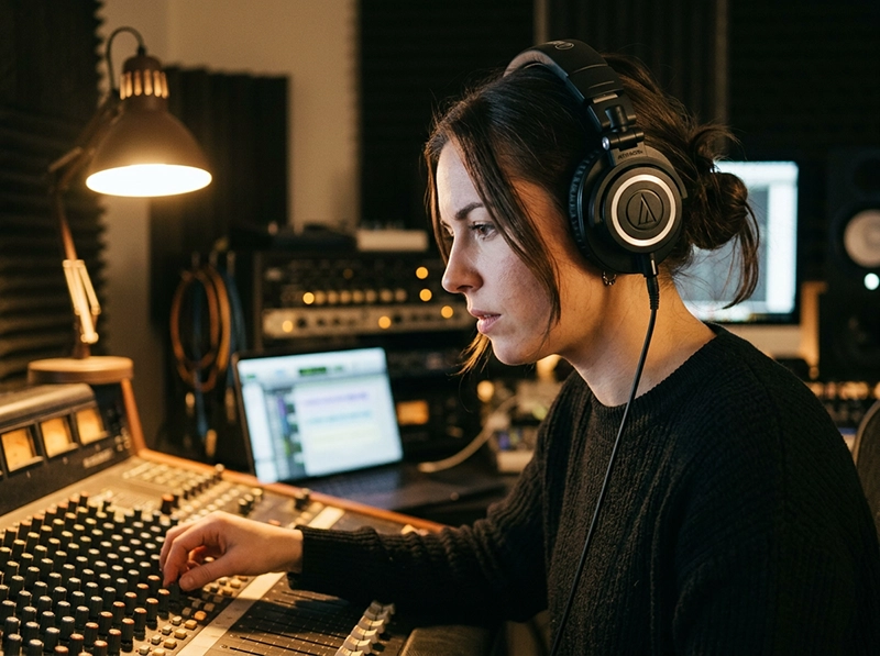 An expert sound engineer critically listening to synthetic audio tracks through professional over-ear studio headphones.