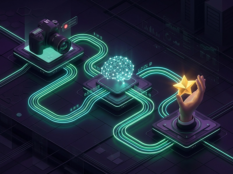A 3D isometric data visualization of a hybrid photography selection workflow.