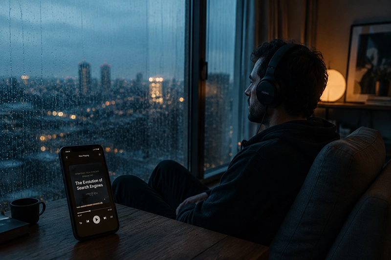 A strategist listening to advanced podcasts discussing the future of AI powered search engine discovery.