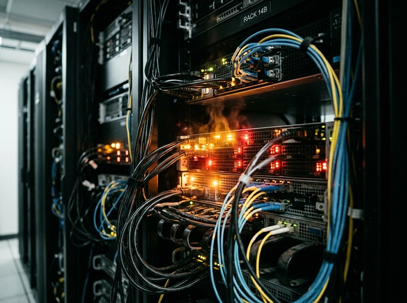 A gritty, close-up photograph of an overheating server rack with red warning lights simulating algorithmic fatigue in a data center.