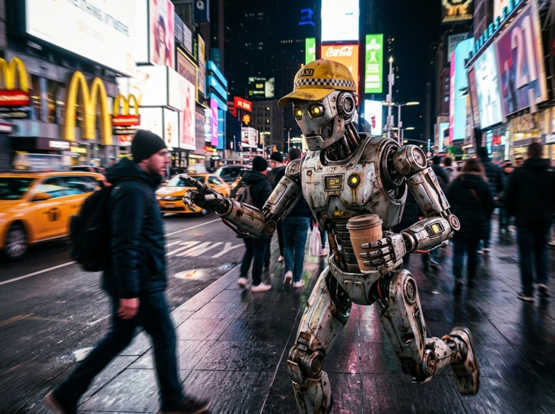 A realistic urban shot of a robot representing the gritty New York accent and efficient AI persona.