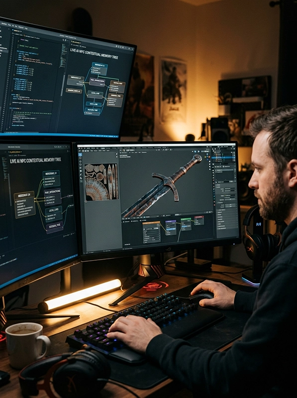 A professional game design workspace showing procedural 3D asset texturing maps and code logic.