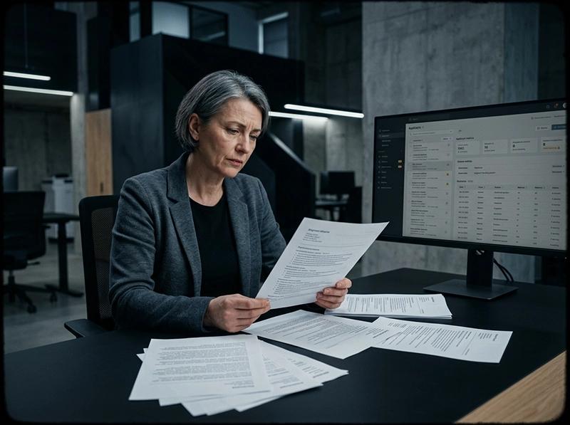A corporate technical recruiter sitting alone in a modern office, evaluating flawed AI generated resumes on a sleek desk under sharp cinematic lighting.