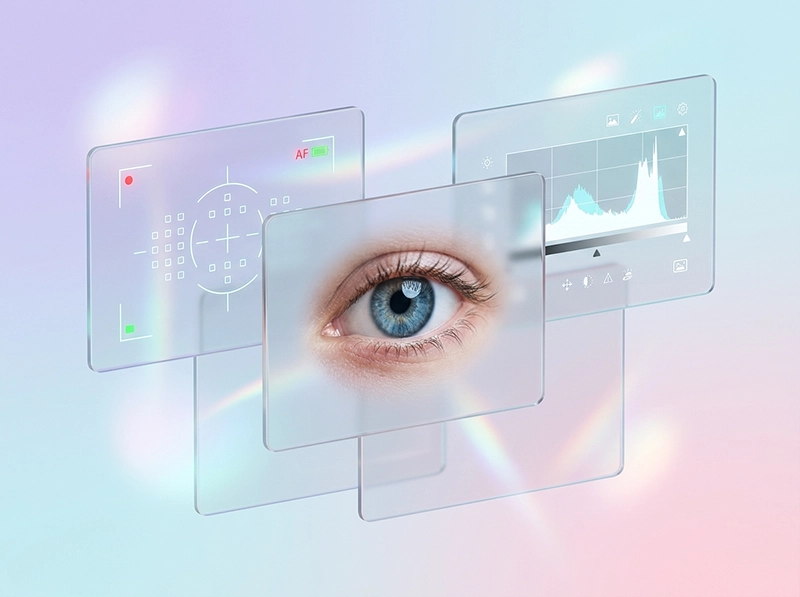 Glassmorphism style visualization of AI technical parameters in photo selection.