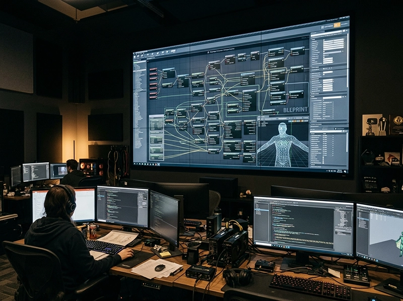 A complex node-based visual scripting and data architecture pipeline displayed on a professional monitor.