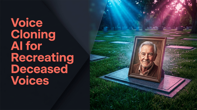An expert strategic guide on voice cloning AI for recreating deceased voices with a cinematic layout.