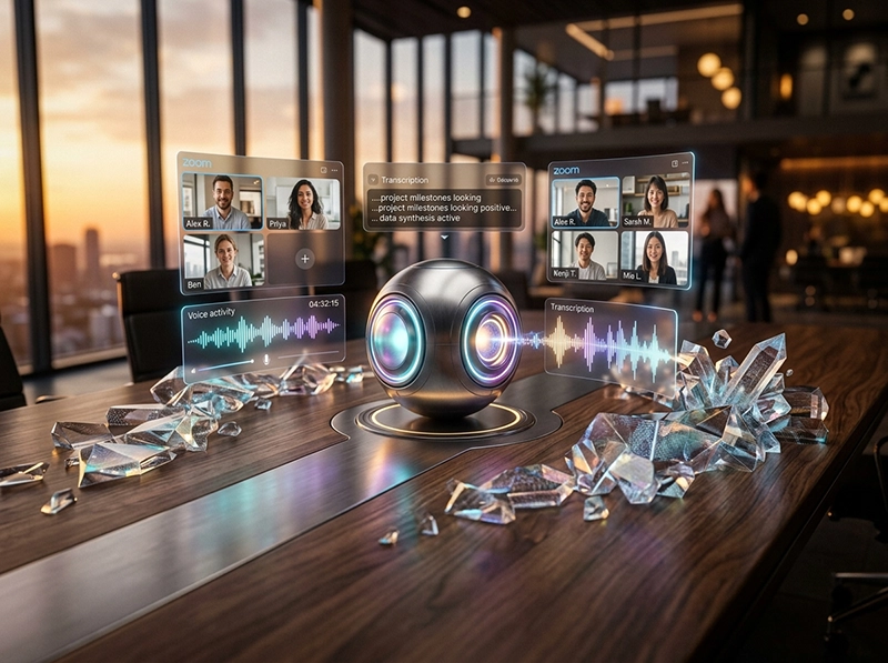 A high-tech visualization of an AI meeting assistant capturing real-time data during a virtual call.
