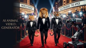 A professional poster for an AI Animal Video Generator featuring stylish animals as celebrities on a red carpet.