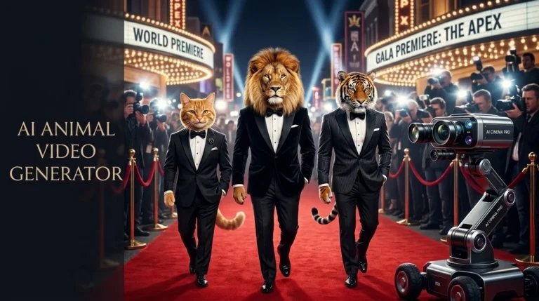 A professional poster for an AI Animal Video Generator featuring stylish animals as celebrities on a red carpet.