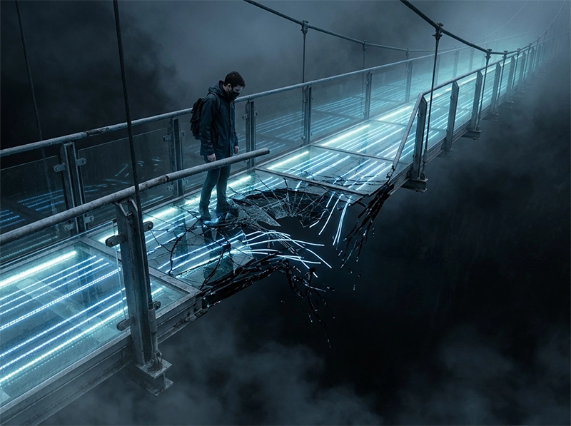 A conceptual dark bridge with a broken glass pathway representing a critical structural failure in database code relations