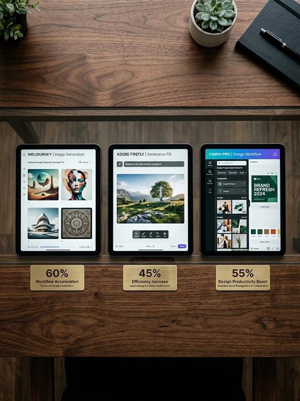 Infographic comparing Midjourney, Adobe Firefly, and Canva for graphic design automation and