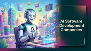A vibrant poster showcasing autonomous systems built by elite AI software development companies featuring a robot engineer.