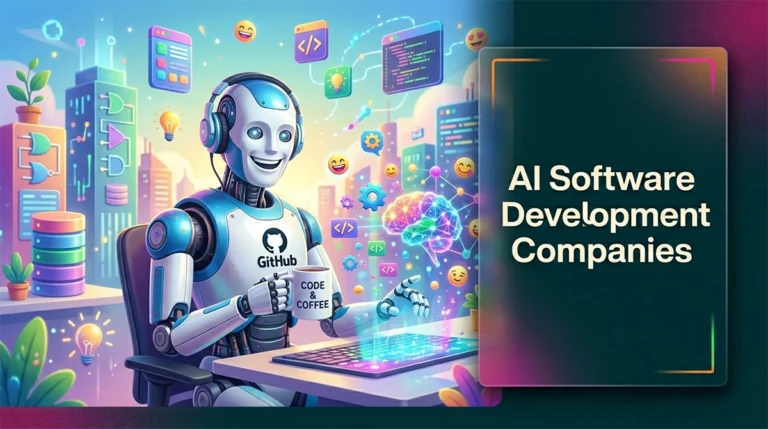 A vibrant poster showcasing autonomous systems built by elite AI software development companies featuring a robot engineer.