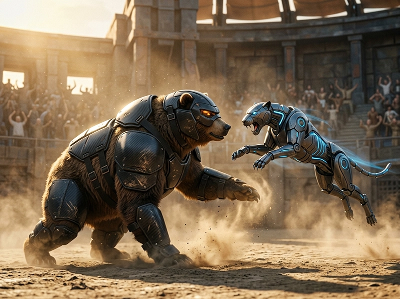 The Ultimate AI Animal Video Generator Guide: Stop Wasting Time on Fails & Steal My Proven Runway Strategy 2 A high-quality battle scene between a bear and a robot representing the technical competition between AI video tools.